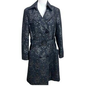 NWT W By Worth Small Navy & Silver Brocade Belted Long Trench Coat Jacket